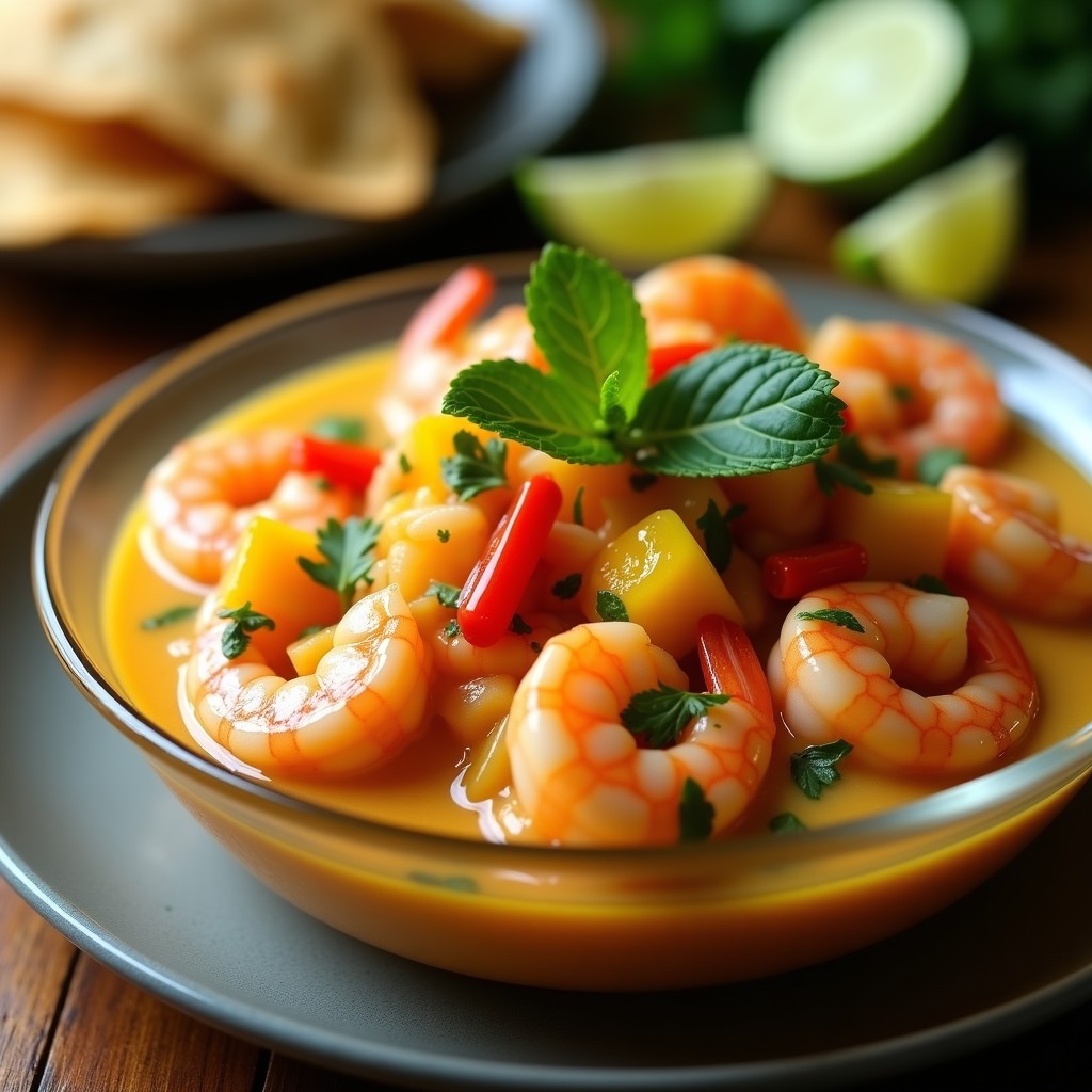 Ceviche de camarones fresco servido en hojas de lechuga romana, bañado en leche de tigre de mango de color amarillo intenso, decorado con cubos de mango, rodajas de chile habanero, granos de maíz morado y cilantro fresco. Acompañado de rodajas asadas de camote morado y maíz morado en un plato rústico de barro.