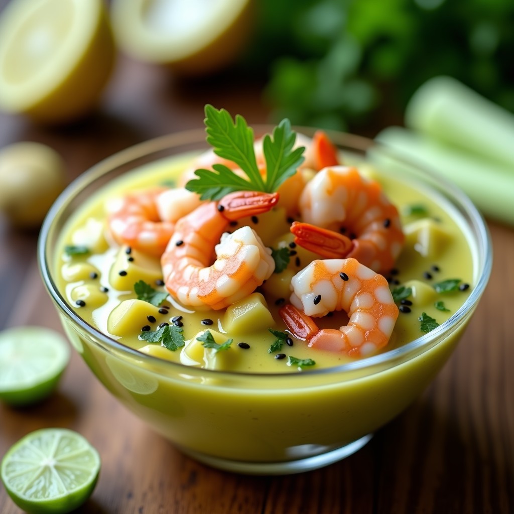 Ceiche de camarones con leche de tigre de lulo servido en copa de cristal transparente, decorado con pimienta rosa y hojas de cilantro, sobre fondo rústico de madera con rodajas de pepino y limón verde. Receta colombiana keto y sin lactosa.