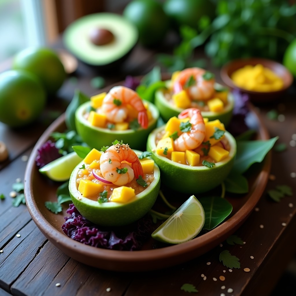 Ceviche ecuatoriano de camarones, mango y aguacate servido en cáscaras de limón vacías sobre una bandeja de madera con hielo, decorado con semillas de sésamo y hojas de cilantro.