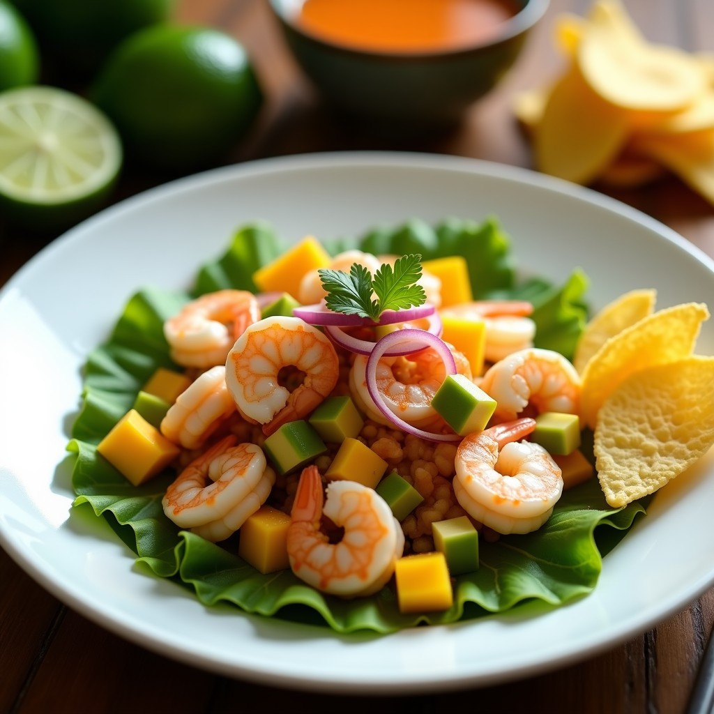 Plato de ceviche de camarones con mango y aguacate ecuadoriano, servido sobre hojas de lechuga fresca, con trozos de camarón rosado, cubos de mango amarillo y aguacate verde. Decorado con chifles dorados y cilantro picado, con un fondo de limones y naranjas agrias.