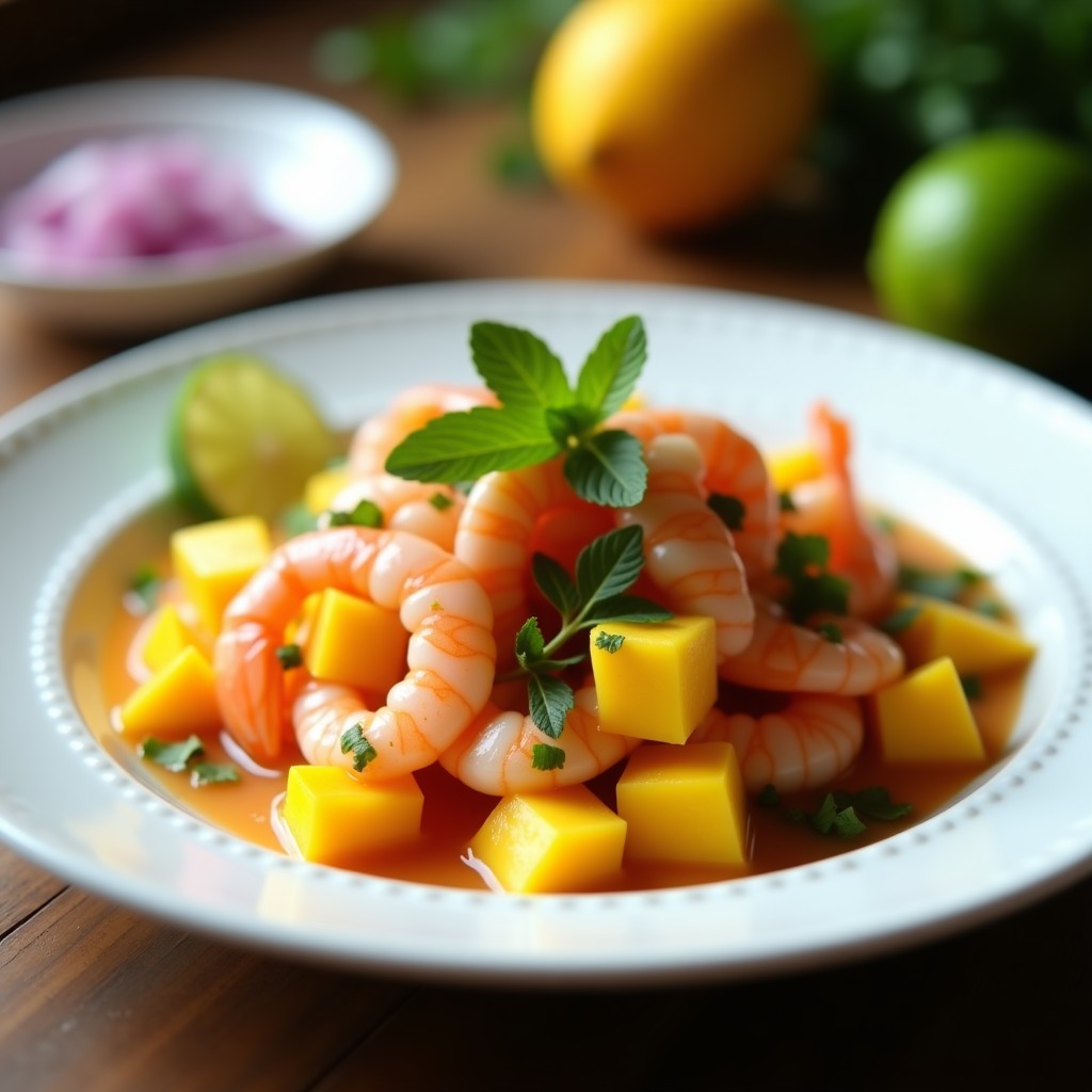 Plato hondo de cerámica blanca con ceche de camarones con mango y limón, decorado con rodajas de limón, cilantro fresco y maíz tostado sobre hojas de lechuga morada. Entrante peruano fresco y picante con colores vibrantes.