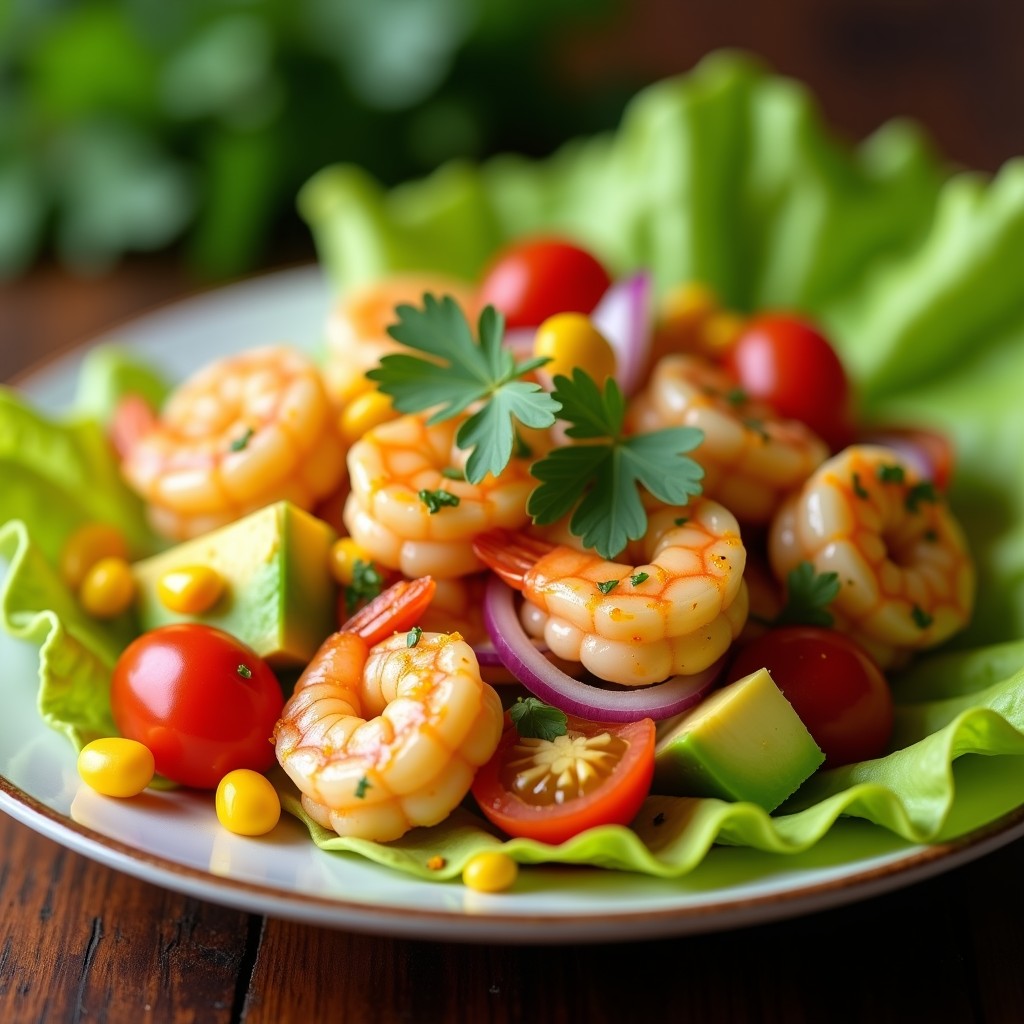 Plato de ceviche de camarones dorados en airfryer, bañados en salsa cremosa de maracuyá y aguacate, servidos sobre hojas de lechuga romana con decoración de maíz tostado y rodajas de lima. Receta ecuatoriana fresca y colorida.