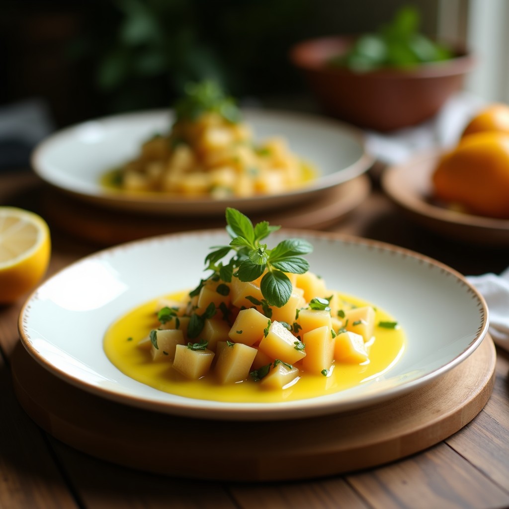 Ceviche de camu camu y manzana verde servido en copa de cristal transparente, con trozos de manzana verde crujiente, cebolla morada y cilantro fresco, bañado en vinagreta de naranja sanguina. Decorado con semillas de sésamo, hojas de menta y gajos de naranja sanguina al lado. Plato fresco y vibrante, típico de la cocina peruana antiviral.