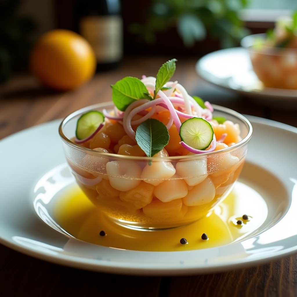 Ceviche de Champagne de Camarón y Pepino con Vinagreta de Yuzu: Receta de Autor Peruana