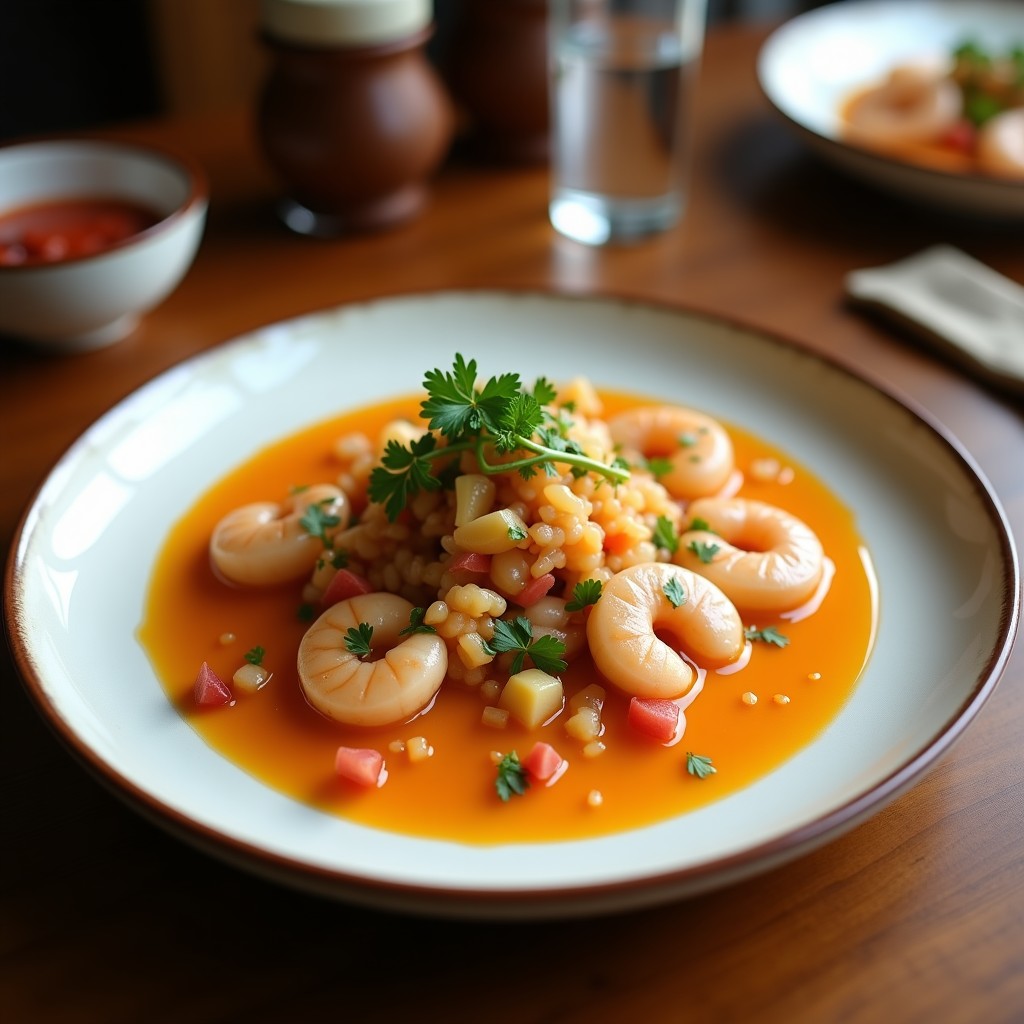 Ceviche de champiñones portobello en láminas con litchis rosados, bañados en leche de tigre de tamarindo de color ámbar. Decorado con anacardos picados, cebolla morada en juliana, cilantro fresco y hojas de menta sobre un plato de cerámica negra. Receta fusion indo-peruana crudivegana.