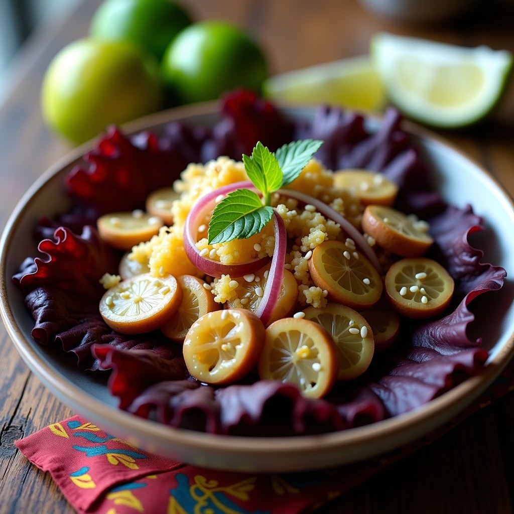 Ceviche de champiñones portobello marinado en leche de tigre vegano, decorado con lúcuma en polvo dorada y semillas de sésamo tostado, servido en un plato de cerámica blanca con hojas de lechuga morada al fondo.