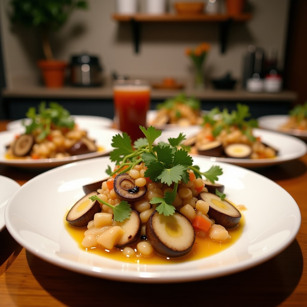 Ceviche de champiñones portobello en rodajas gruesas marinados en salsa blanca de miso y cítricos, decorado con semillas de sésamo negro, cebolla morada, cilantro fresco y alga wakame. Plato keto peruano-japonés servido en bol de cerámica negra sobre fondo rústico.