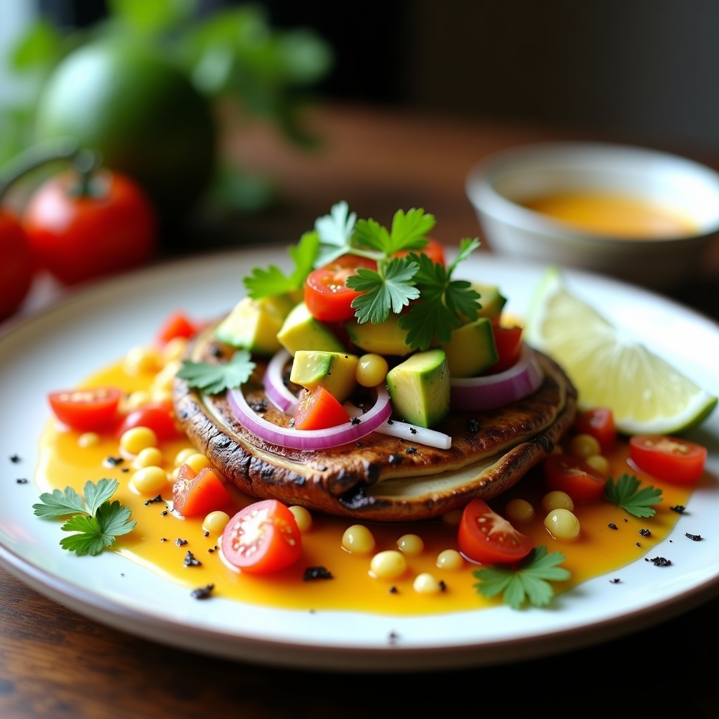 Ceviche de champiñones portobello en airfryer servido en hojas de endibia, bañado en leche de tigre de maracuyá amarilla vibrante, decorado con semillas de sésamo y cilantro fresco sobre una mesa de madera rústica.
