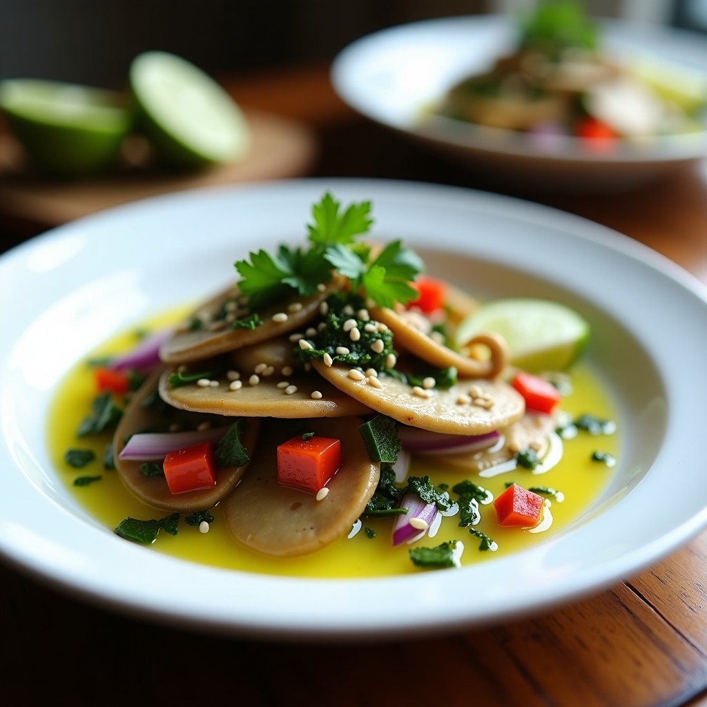 Ceiche vegano de champiñones portobello y algas servido en plato blanco, con láminas de champiñón marinado en leche de tigre, algas nori desmenuzadas, cebolla morada, pimiento rojo y semillas de sésamo. Decorado con rodajas de limón verde y cilantro fresco.