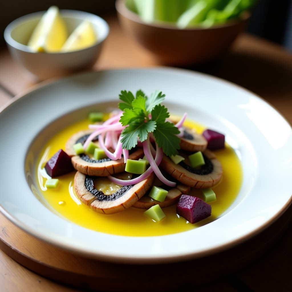 Ceiche de Champiñones Portobello: Receta Peruana Crudivegana con Leche de Tigre de Limón