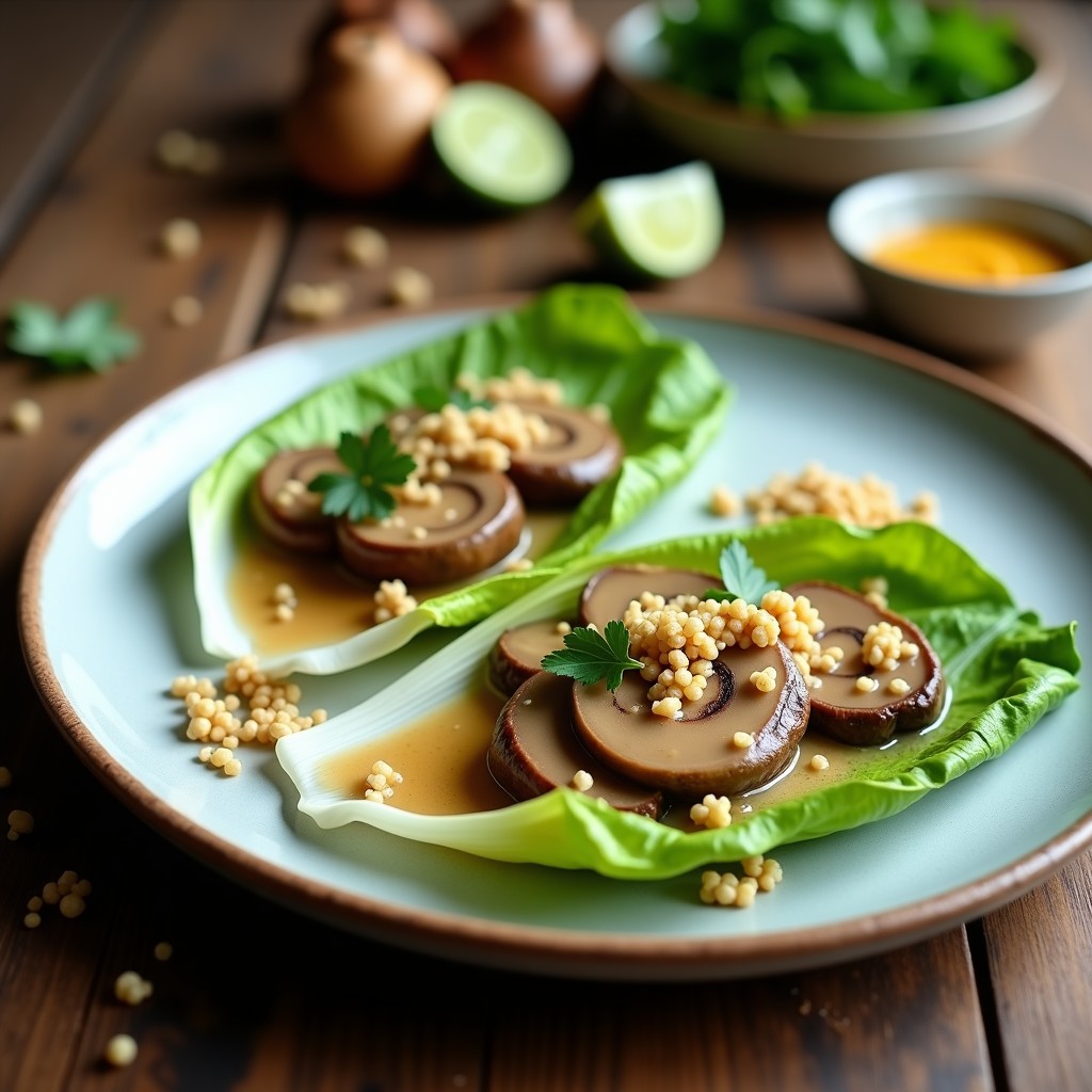 Ceviche vegano de champiñones portobello marinado en leche de tigernut, servido en cucharas de endibia con decoración de sésamo tostado y algas nori. Plato fresco y colorido con toques peruanos y españoles.