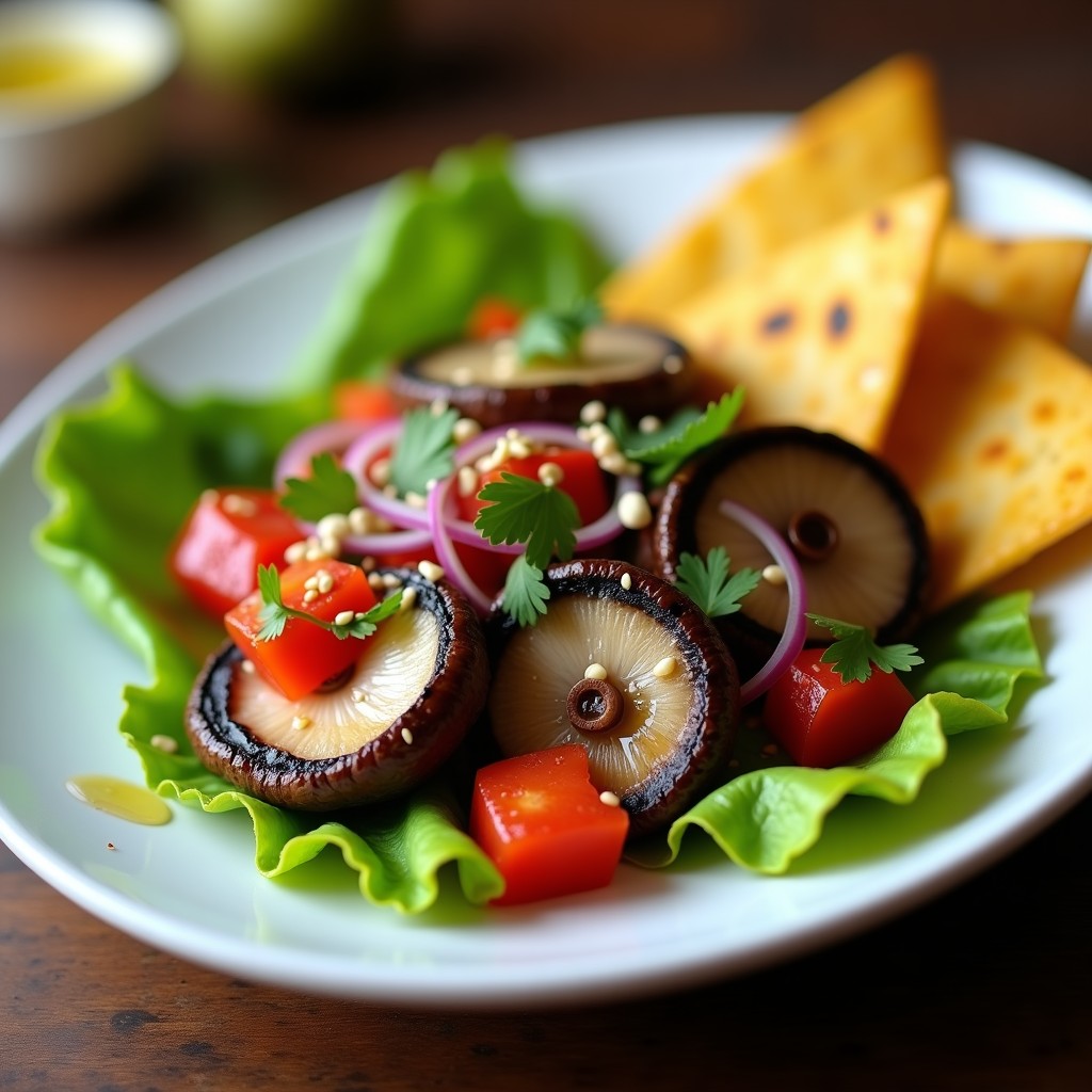 Plato de ceviche de champiñones Portobello y limón vegano con toque peruano, servido sobre hojas de lechuga romana, decorado con semillas de sésamo, cilantro fresco y trozos de pimiento rojo, con tostadas de maíz al lado.