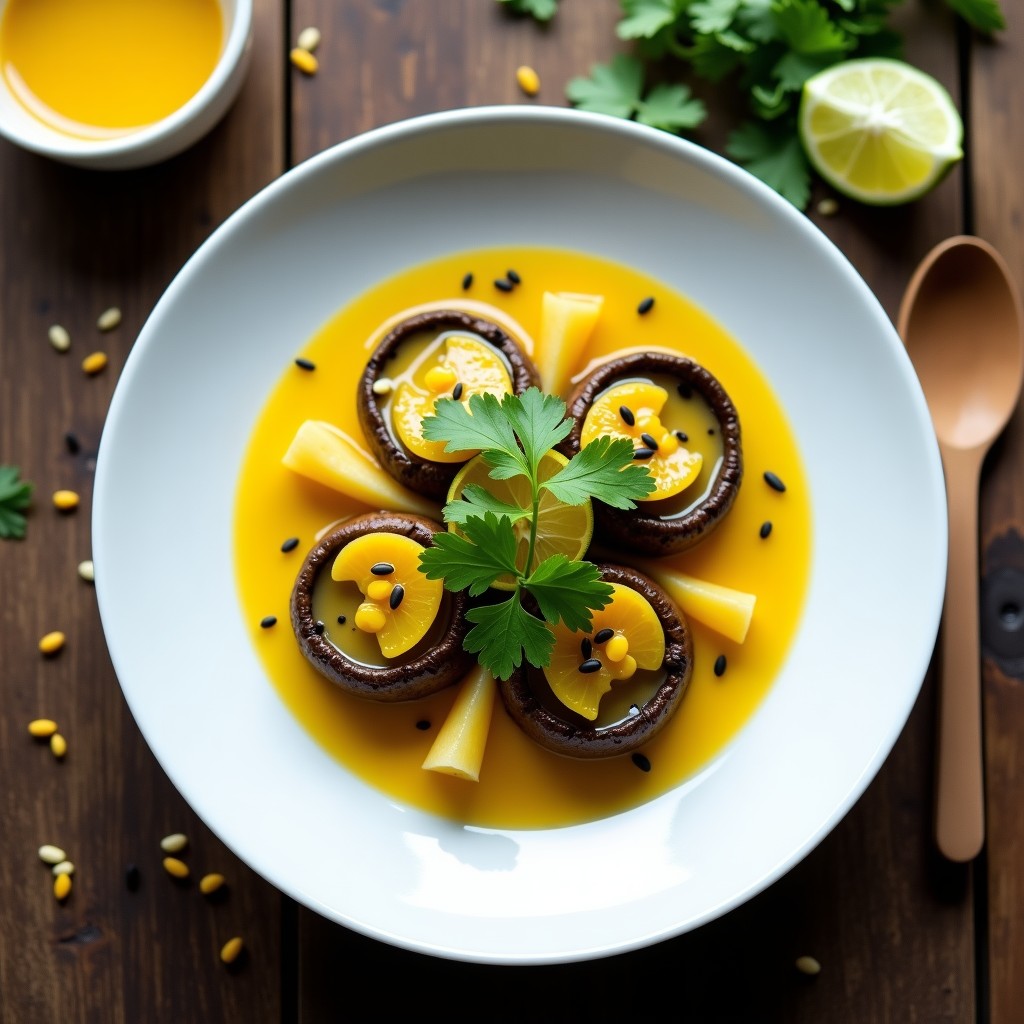 Ceviche de champiñones portobello y maracuyá servido en copa de cristal, con tiras de champiñón marinado en leche de tigre amarilla, cebolla morada, cilantro fresco y granos de maíz morado como decoración. Entrante peruano vegano sin cocción.