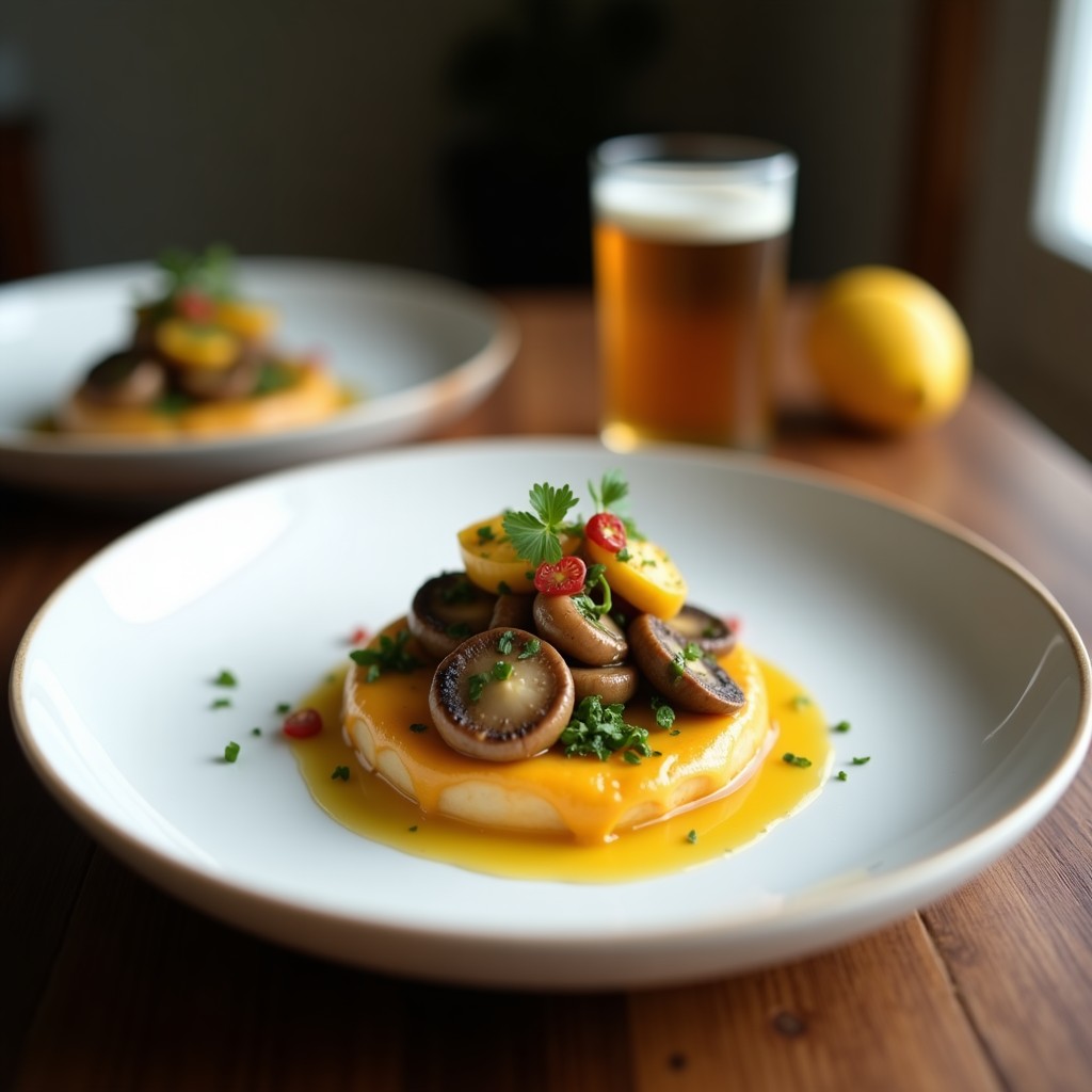 Plato hondo de cerámica blanca con ceiche de champiñones portobello en láminas gruesas, marinado en jugo de limón y maracuyá, acompañado de cebolla morada, cilantro fresco, camote morado asado en cubos y cancha serrana tostada. Presentación colorida y fresca, típico de la cocina peruana fusion.