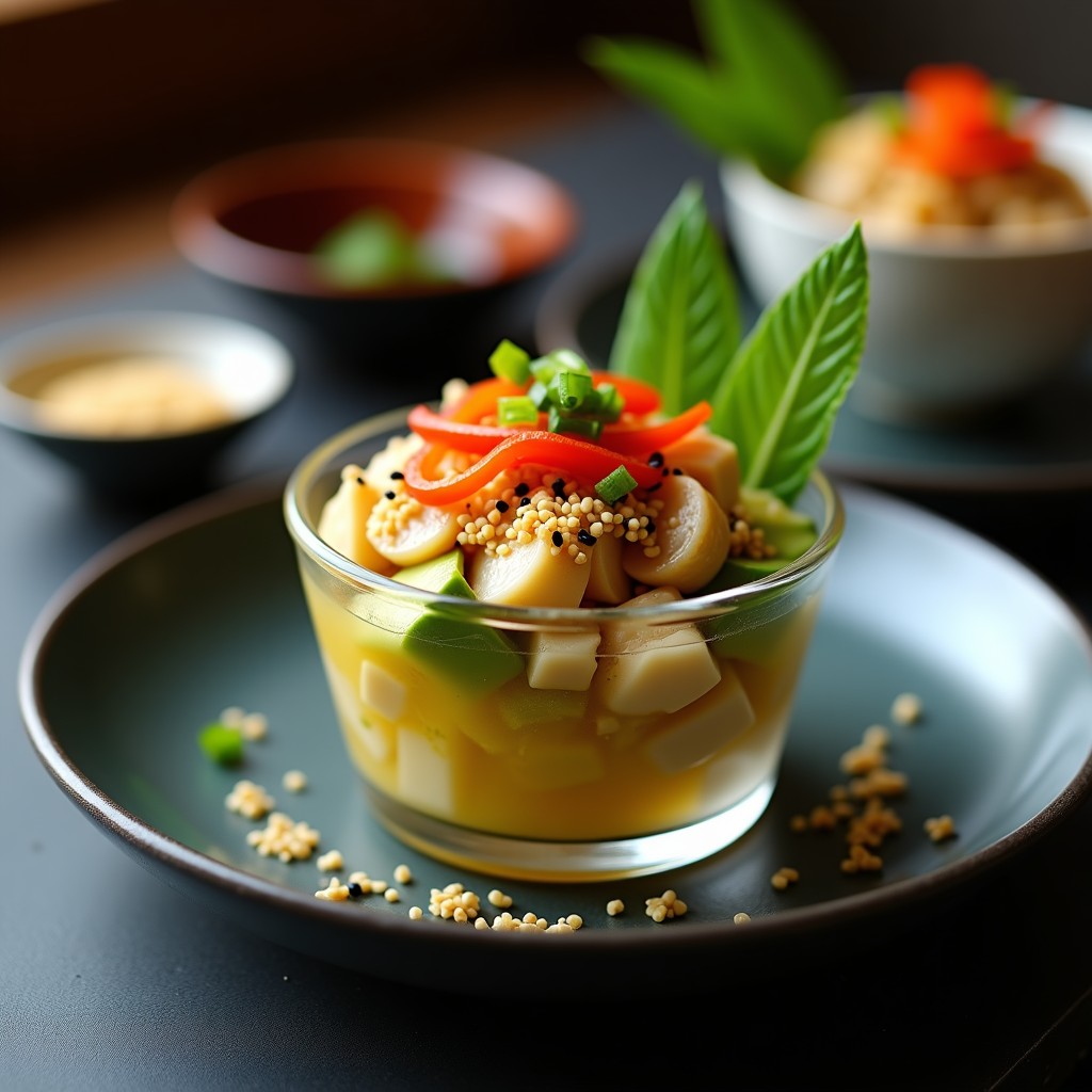 Ceviche japonés en copa de cristal con champiñones Shimeji en trozos, algas Nori picadas, cebolla morada, pimiento rojo y semillas de sésamo. Decorado con cilantro fresco y servido sobre hoja de lechuga, con fondo desenfocado.