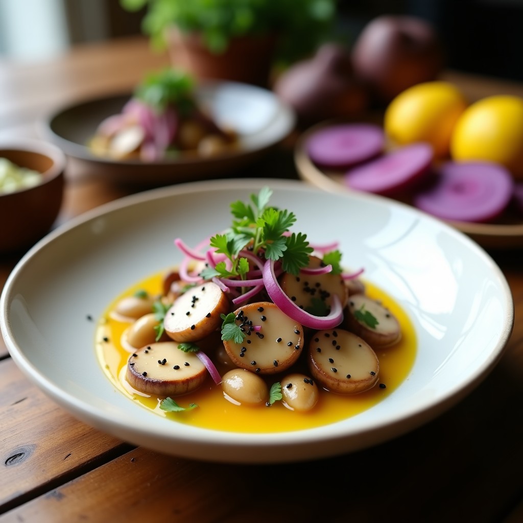 Ceviche de champiñones shimeji marinados en leche de limón, con cebolla morada en juliana, culantro picado y semillas de sésamo negro, servido en un plato blanco con rodajas de papa camote morada. Receta japonesa-peruana vegana y sin pescado.