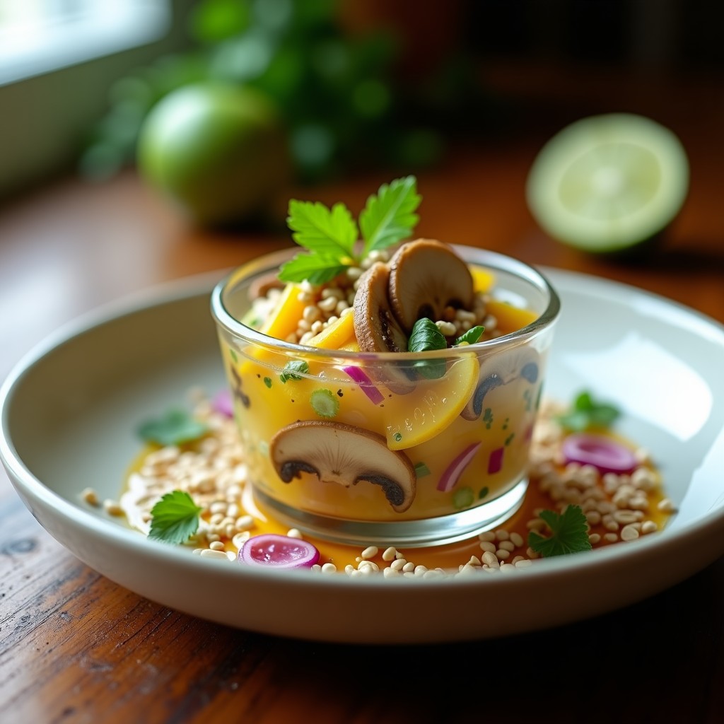 Ceviche de champiñones shitake y limón vert servido en copa de cristal transparente, con láminas de champiñones marinados en jugo cítrico, cebolla morada en juliana, pimiento amarillo, cilantro fresco y cacahuetes picados. Plato colorido y fresco, típico aperitivo peruano vegano sin cocción.
