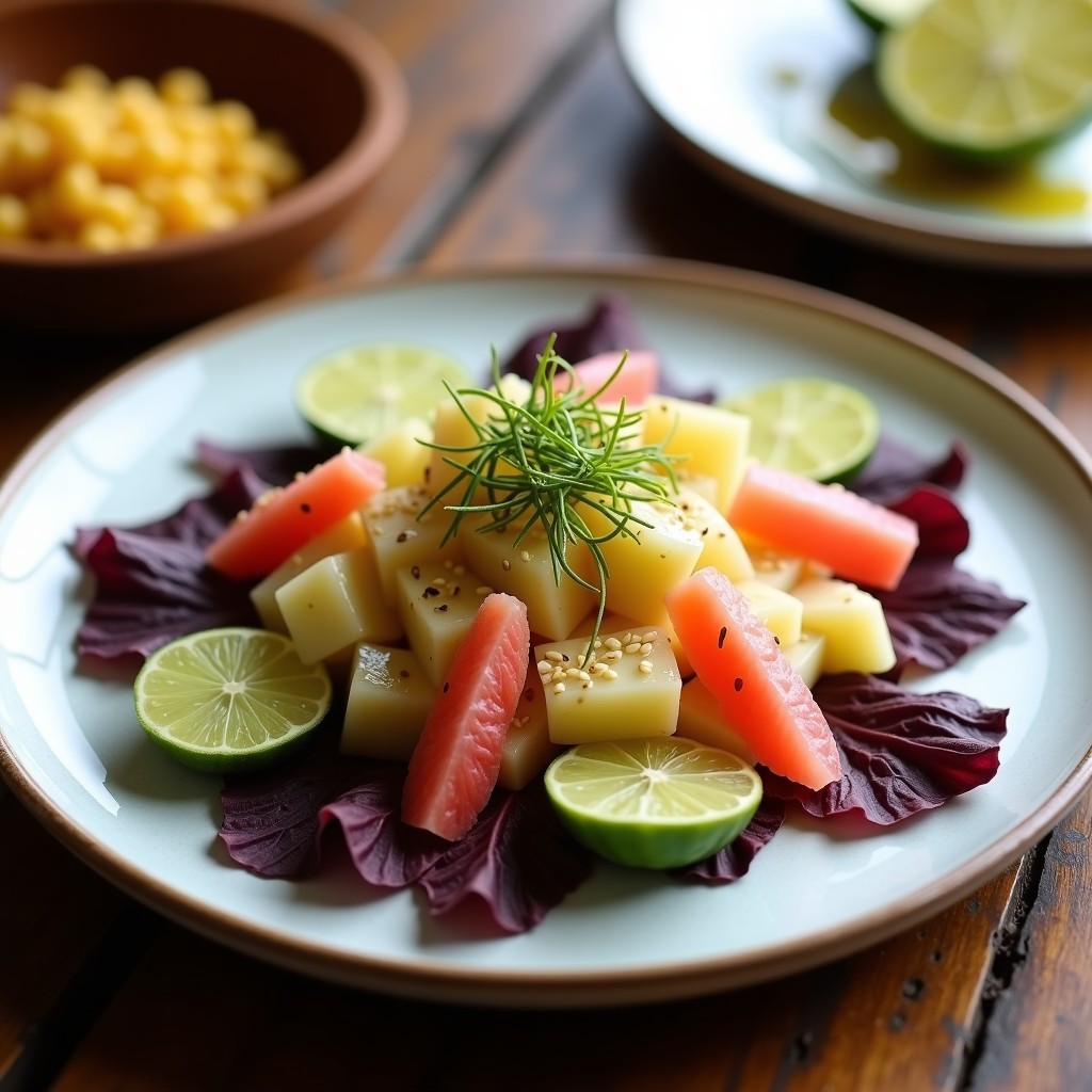Plato de ceviche de chayote y pomelo vegano con leche de tigre cítrica, servido sobre hojas de lechuga morada, decorado con semillas de sésamo y algas wakame, con un fondo rústico de madera.