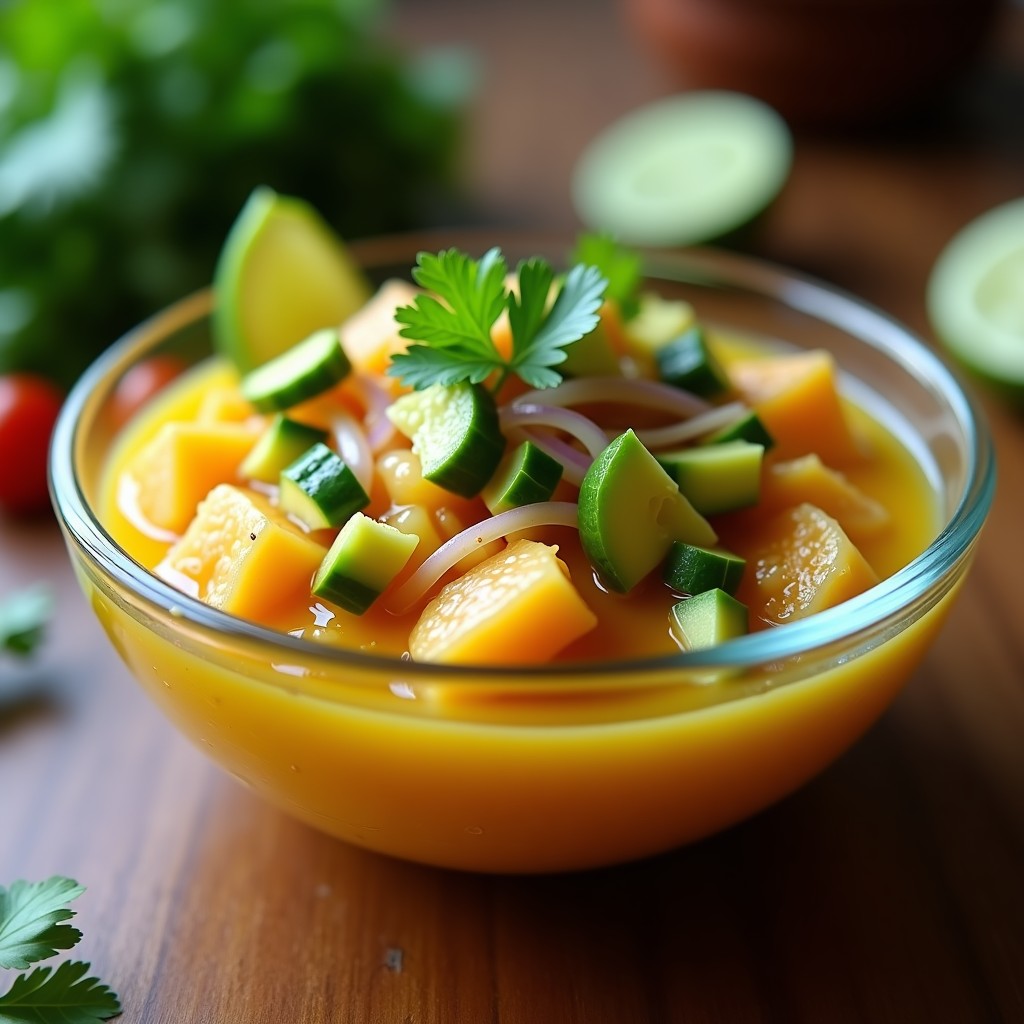 Ceviche de choros zapatos fresco con leche de tigre de cúrcuma dorada, servido en copa de cristal con trozos de palta, pepino y cilantro fresco. Plato chileno sin cocción.