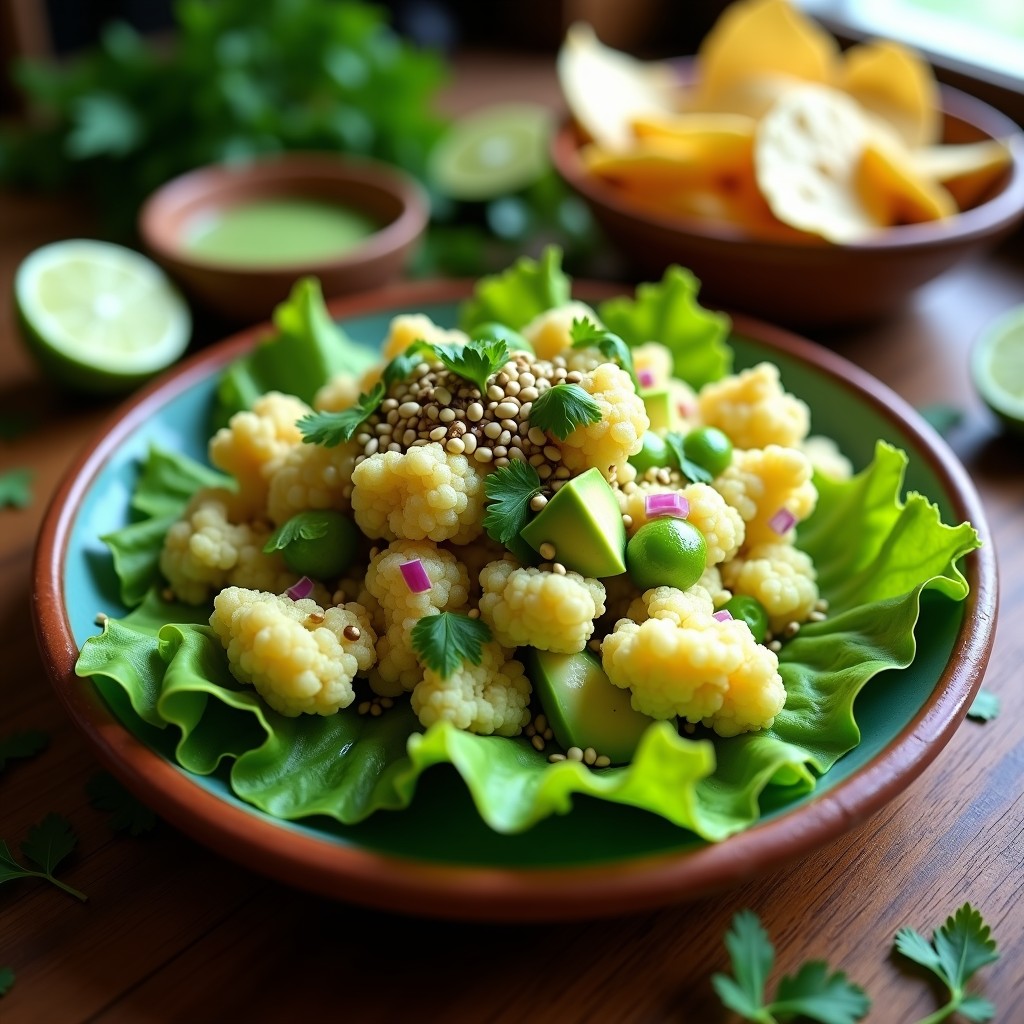 Plato de ceviche vegano mexicano con coliflor en trozos, aguacate en cubos, jitomate verde y cilantro, bañado en leche de tigre de lima y cilantro. Servido sobre hojas de lechuga romana y decorado con semillas de sésamo.