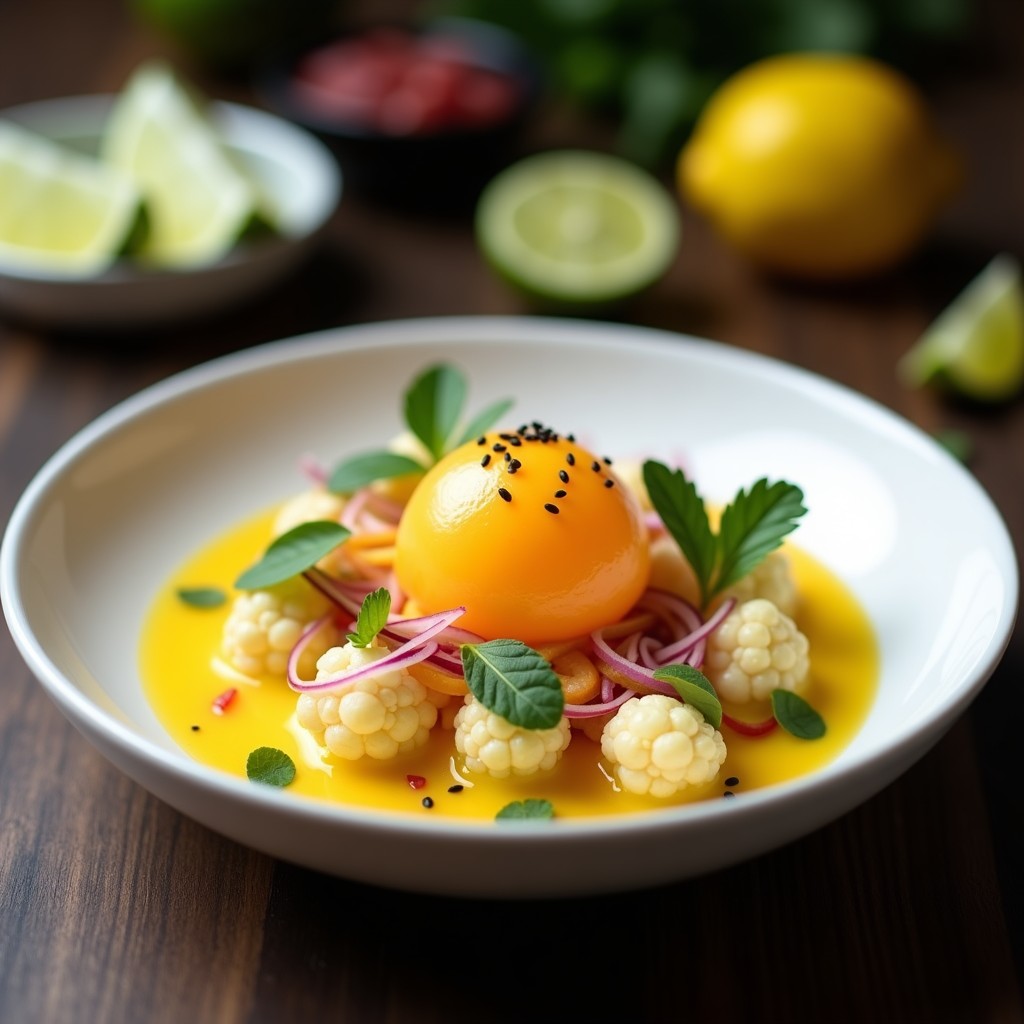 Plato hondo blanco con ceviche de coliflor marinada en leche de tigre amarilla, decorado con algodón de azúcar de maracuyá en el centro, semillas de sésamo negro y hojas de menta. Fondos de cilantro fresco y rodajas de lima.