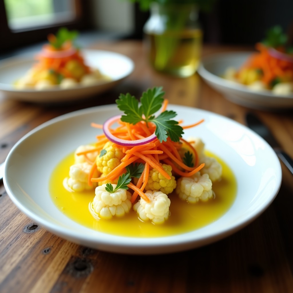 Plato blanco elegante con ceviche de coliflor crujiente marinado en leche de tigre amarilla, decorado con algodón de azúcar naranja de zanahoria, semillas de sésamo y hojas de cilantro fresco. Receta vegana peruana sin cocción.