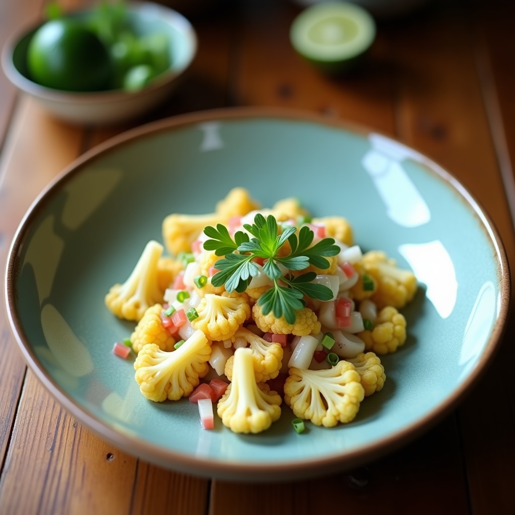 Copa de cristal transparente con ceviche vegano de coliflor marinada en leche de tigre cremosa con leche de coco, decorado con semillas de sésamo, cilantro fresco y rodajas de limón verde. Plato colorido y fresco de cocina peruana vegana.