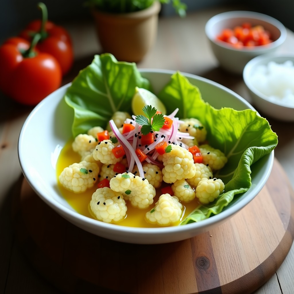 Ceviche de coliflor vegano servido en copa de cristal sobre fondo blanco, con trozos de coliflor marinada en leche de tigre amarilla, decorado con rodajas de aguacate, cilantro fresco y juliana de cebolla morada. Receta fresca y colorida de ceviche de coliflor con leche de tigre de lima y jengibre.
