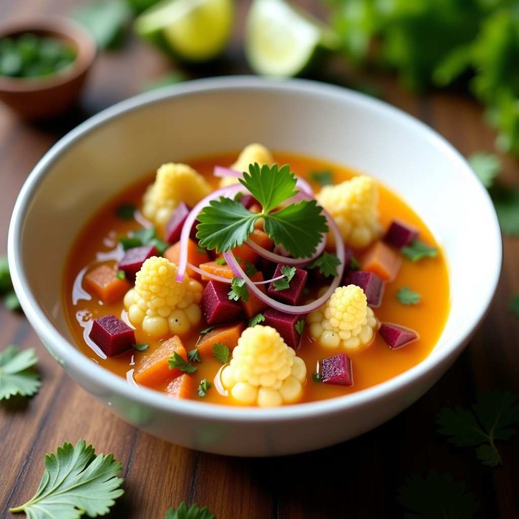 Plato hondo de cerámica blanca con ceviche de coliflor vegano, bañado en leche de tigre de tamarindo de color ámbar, decorado con cebolla morada, cilantro fresco y trozos de camote morado asado. fondo rústico con hojas de lechuga.