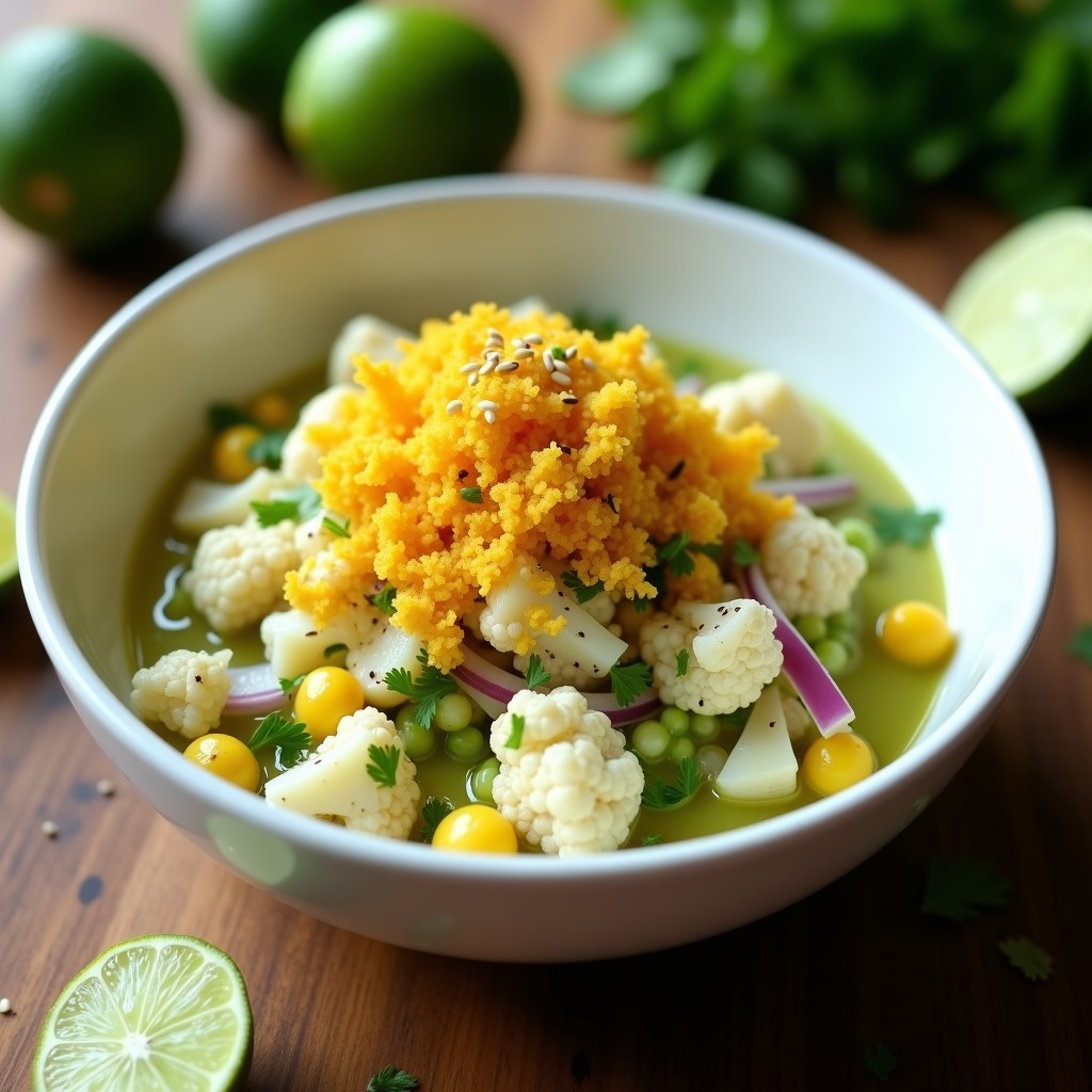 Plato hondo de cerámica blanca con ceviche de coliflor y lima, decorado con crujiente de maíz dorado, semillas de sésamo y alga nori. Fondos verdes de cilantro y rodajas de lima, estilo peruano vegano sin cocción.