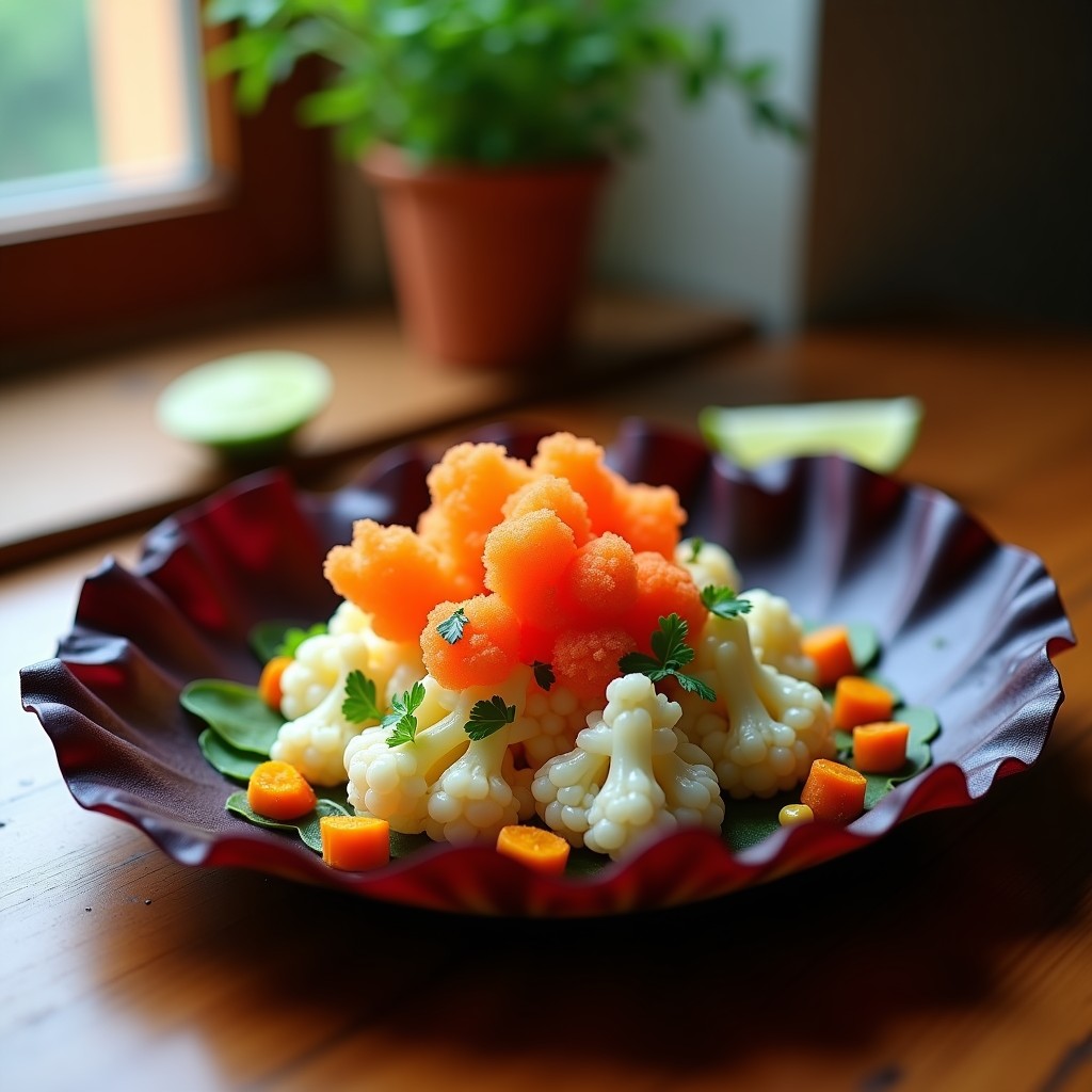 Plato de ceviche vegano gourmet con coliflor marinada en limón, cebolla morada y cilantro, decorado con algodón de azúcar de pimentón esponjoso y maíz tostado sobre hoja de lechuga morada.