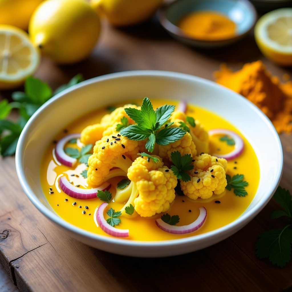 Ceviche de Coliflor y Limón con Leche de Tigre de Cúrcuma: Receta Vegana Crudivegana Sin Cocción