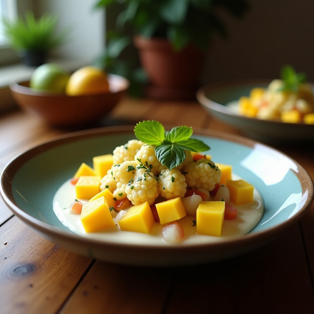 Ceiche vegano tailandés de coliflor y mango con leche de coco servido en copa de cristal, decorado con hojas de cilantro y semillas de sésamo, con fondo borroso de hierbas frescas y limones verdes.