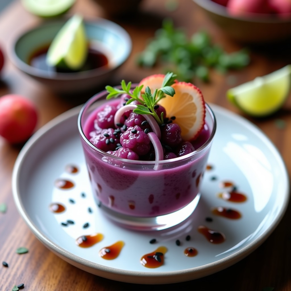 Ceviche vegano de coliflor morada y lichi servido en copa de cristal con aderezo de sésamo, decorado con semillas de sésamo negro, cilantro fresco y tiras de alga nori, sobre fondo rústico de madera oscura.