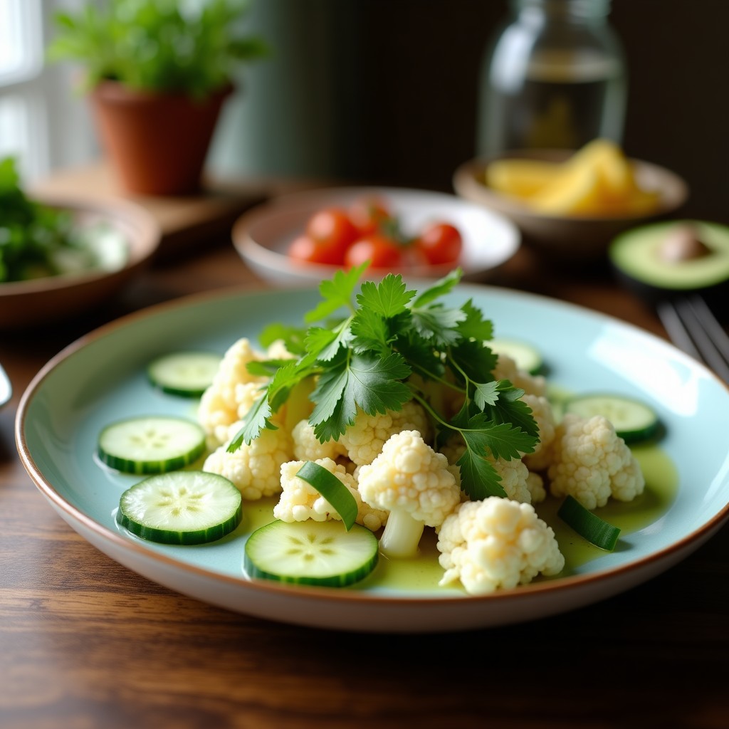 Plato blanco hondo con ceiche de coliflor y pepino en trozos pequeños, bañado en una salsa cremosa de leche de coco, decorado con semillas de sésamo, cilantro fresco y hojas de menta. Receta vegana crudivegana fresca y colorida.