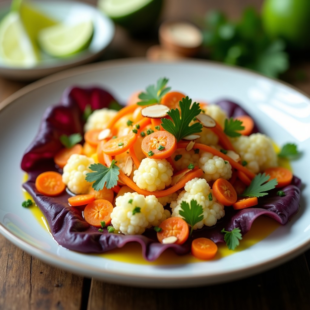 Plato blanco con ceviche de coliflor y zanahoria en rodajas finas, bañado en leche de lima amarilla, decorado con cilantro, almendras tostadas y cebolla morada sobre hojas de lechuga morada. Receta vegana keto y sin cocción.
