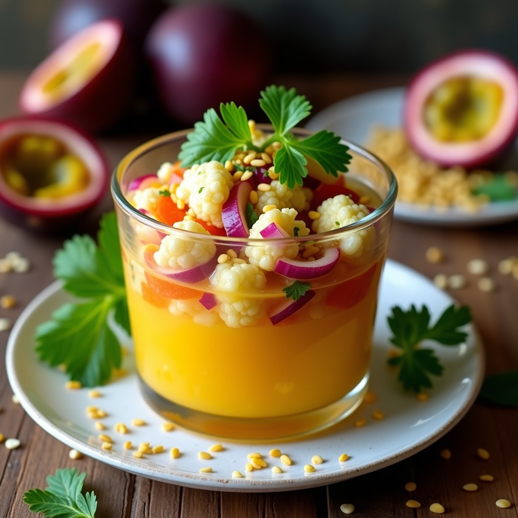 Ceviche vegano de coliflor y zanahoria morada con leche de tigre de maracuyá, servido en copa de cristal con decoración de menta y aceite de sésamo.