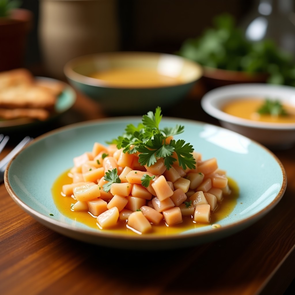 Plato blanco elegante con ceviche de corazón de alcachofa en cubos dorados, marinado en leche de tigre vegano con lima y cilantro. Decorado con cebolla morada en juliana, maíz morado y semillas de sésamo sobre hojas de lechuga morada. Rodajas de lima al lado.