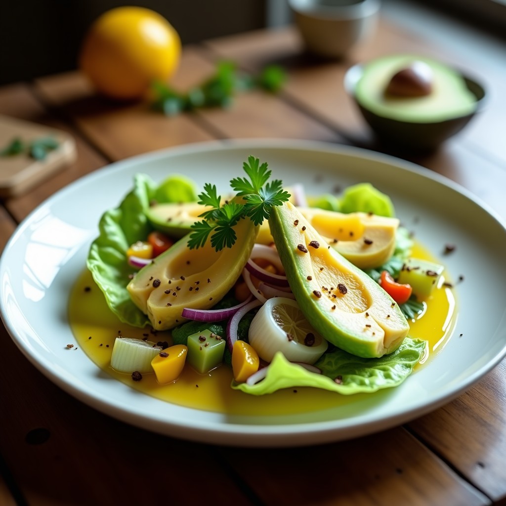Ceviche vegano gourmet de corazón de alcachofa en rodajas finas, marinado en vinagreta dorada de limón y azafrán, servido sobre hojas de lechuga romana con aguacate, semillas de sésamo y cilantro fresco. Plato colorido y elegante con tonos verdes, amarillos y morados.