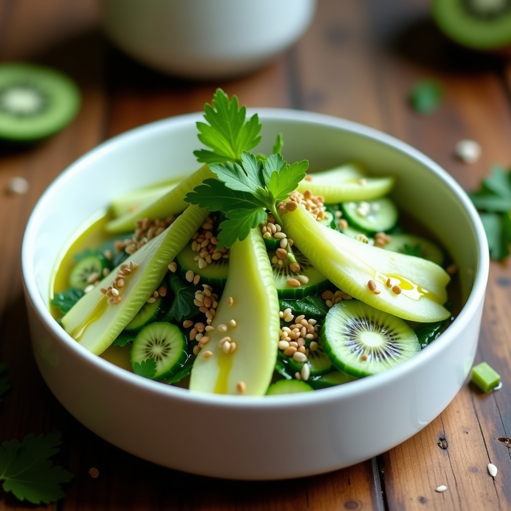 Plato blanco con ceviche vegano de corazón de lechuga iceberg en juliana, algas dulse picadas y leche de tigre verde cremosa. Decorado con cilantro fresco, semillas de sésamo y una rodaja de lima. Fondos de hojas de lechuga romana.