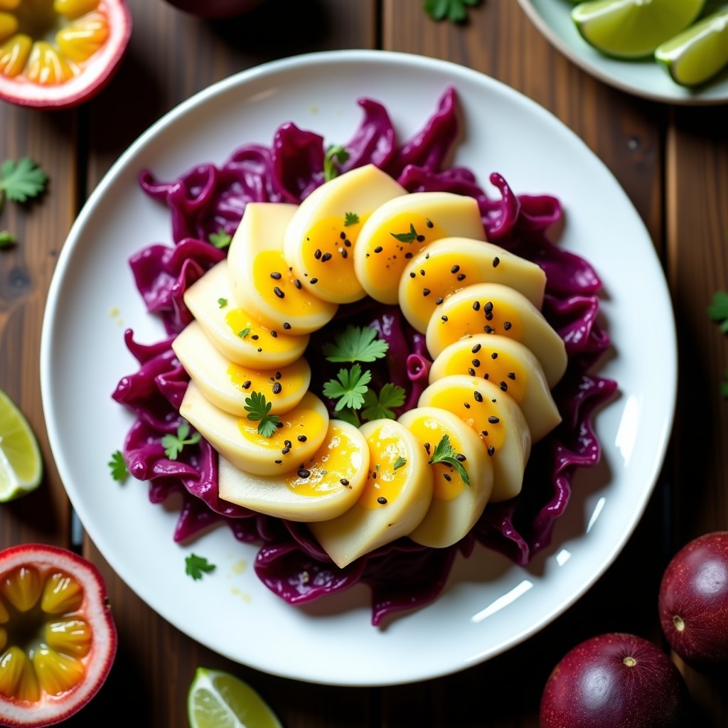 Plato blanco con ceviche de corazón de palmito en rodajas gruesas, marinado en salsa amarilla de maracuyá, sobre hojas de lechuga morada y decorado con semillas de sésamo. Receta vegana y exótica de ceviche de palmito con maracuyá.