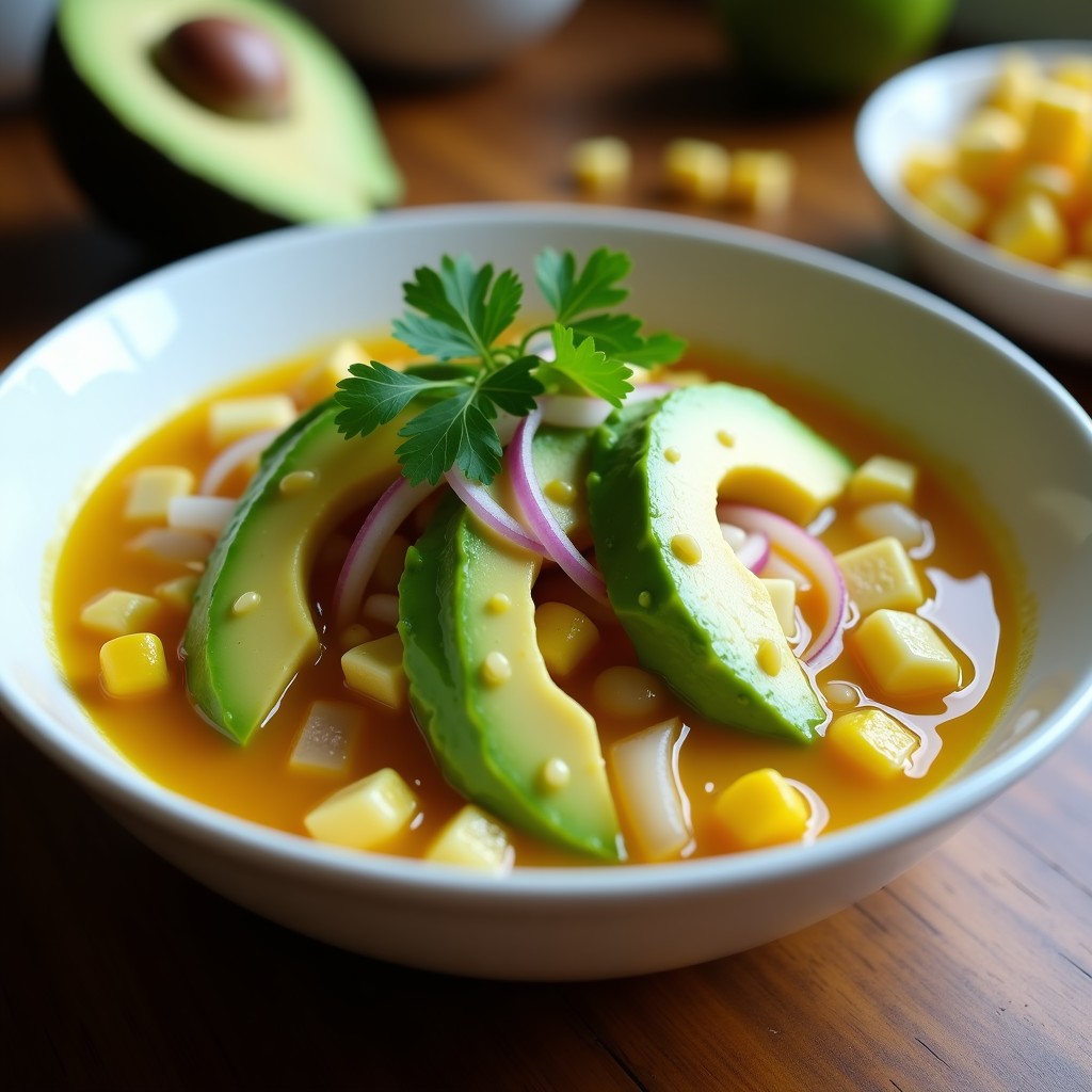 Ceviche vegano peruano de corazones de palma en rodajas con cubos de aguacate, cebolla morada y cilantro, bañado en leche de tigre amarilla. Servido sobre hojas de lechuga romana con semillas de sésamo y rodajas de lima al lado. Plato fresco y colorido con cancha serrana espolvoreada.