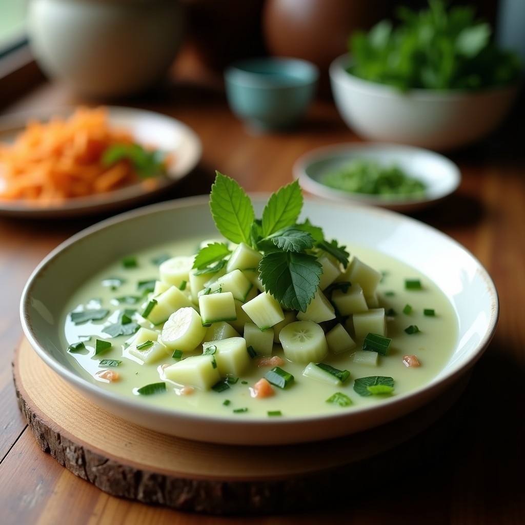 Ceviche vegano tailandés de coriandro y pepino con leche de coco servido en copa de cristal, decorado con cacahuetes tostados, menta fresca y un toque de aceite de sésamo, sobre fondo de madera clara.
