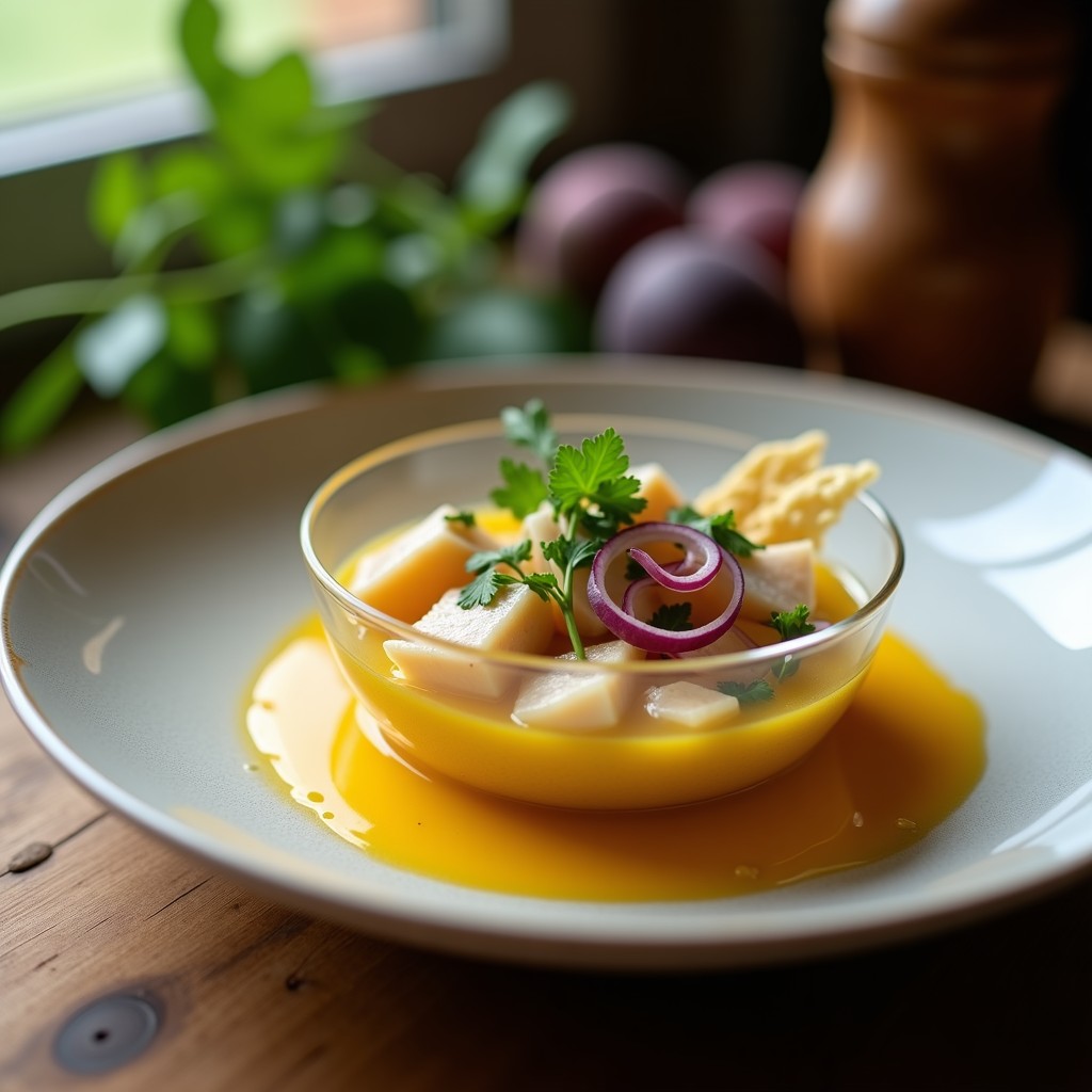 Ceviche de corvina ahumada en copa de cristal bajo, bañado en leuche de maracuyá amarilla vibrante, decorado con cebolla morada en juliana, cilantro fresco y chips de algas nori tostadas. Fondo rústico con detalles de madera y hierbas frescas.
