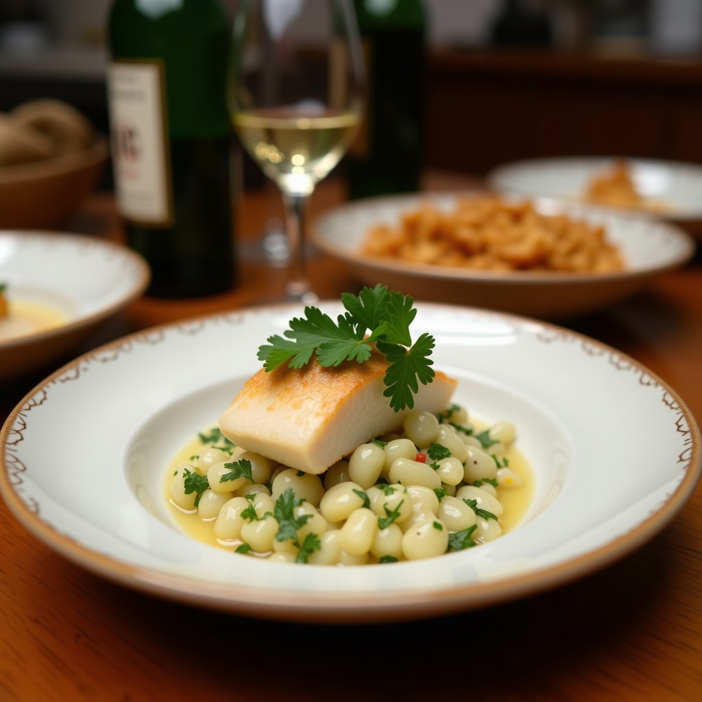 Ceviche de Corvina con Leche de Camello y Cilantro servido en copa de cristal alto, con capas visibles de corvina marinada, leche de camello cremosa, cebolla morada, semillas de granada y hojas de menta fresca. Plato fusion emiratí-peruano con toques de especias y hierbas beduinas.
