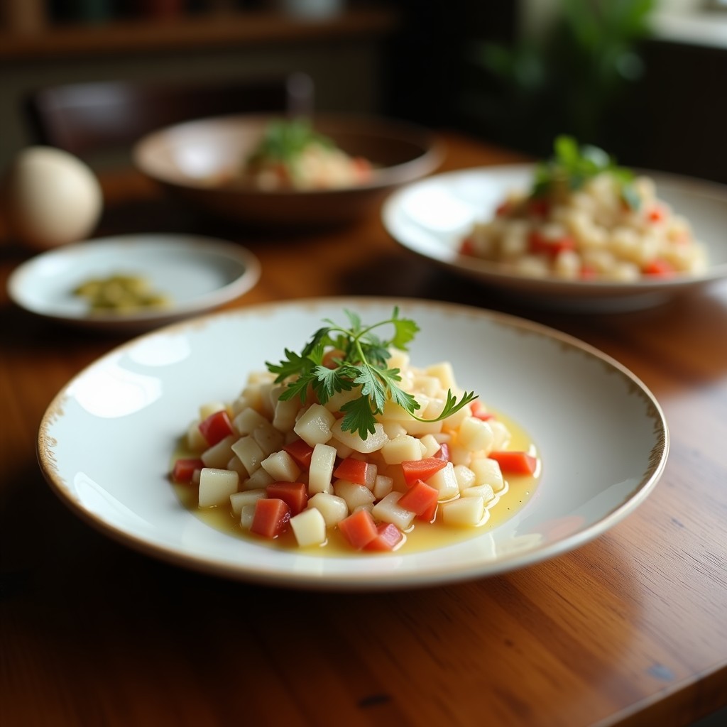 Ceviche de corvina con leche de coco y lulo servido en plato blanco hondo, con trozos de pescado blanco marinados, cebolla morada, pimentón rojo, cilantro fresco y hojas de hierbabuena, acompañado de rodajas de chontaduro y tostadas de maíz. Receta colombiana fresca y picante.
