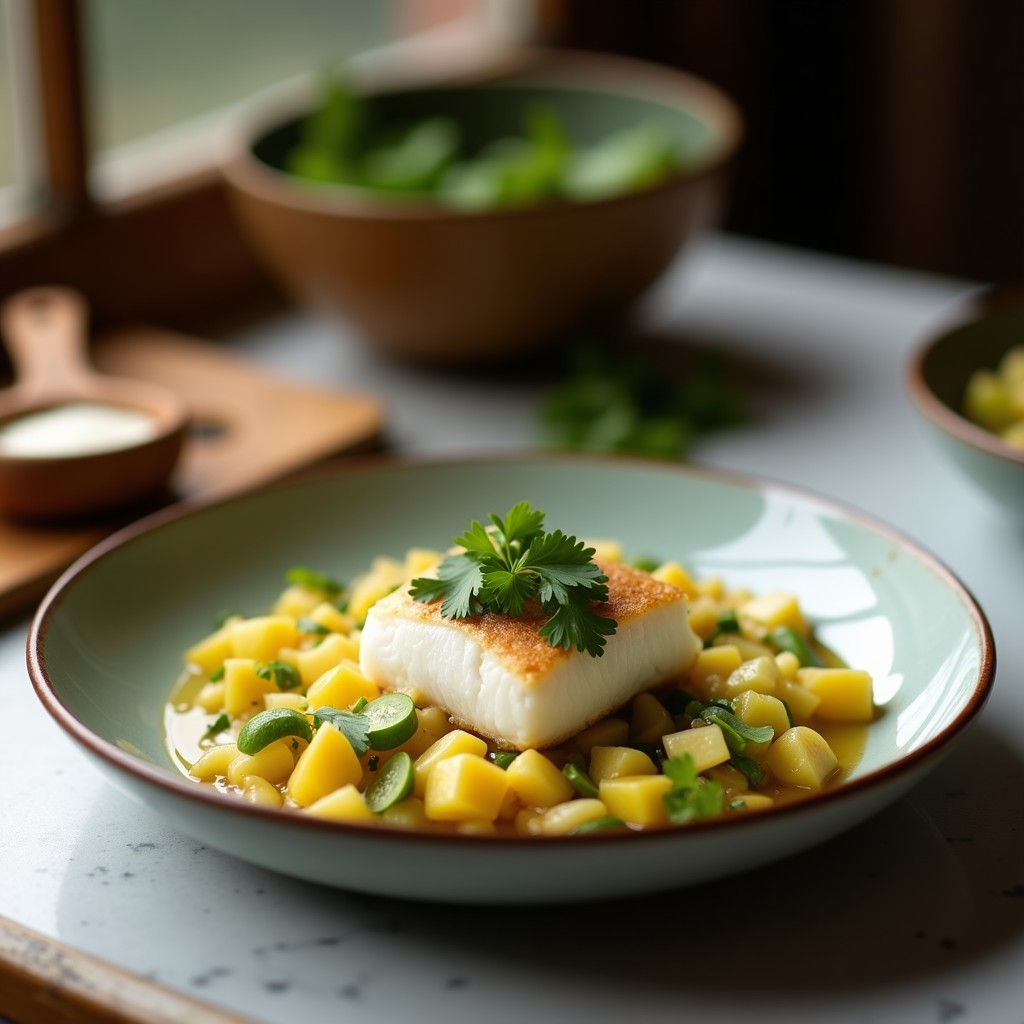 Ceviche ecuatoriano de corvina con leche de coco y mango verde servido en copa de cristal, decorado con cilantro fresco, cacahuetes tostados y rodajas de naranja agria sobre fondo rústico de madera.