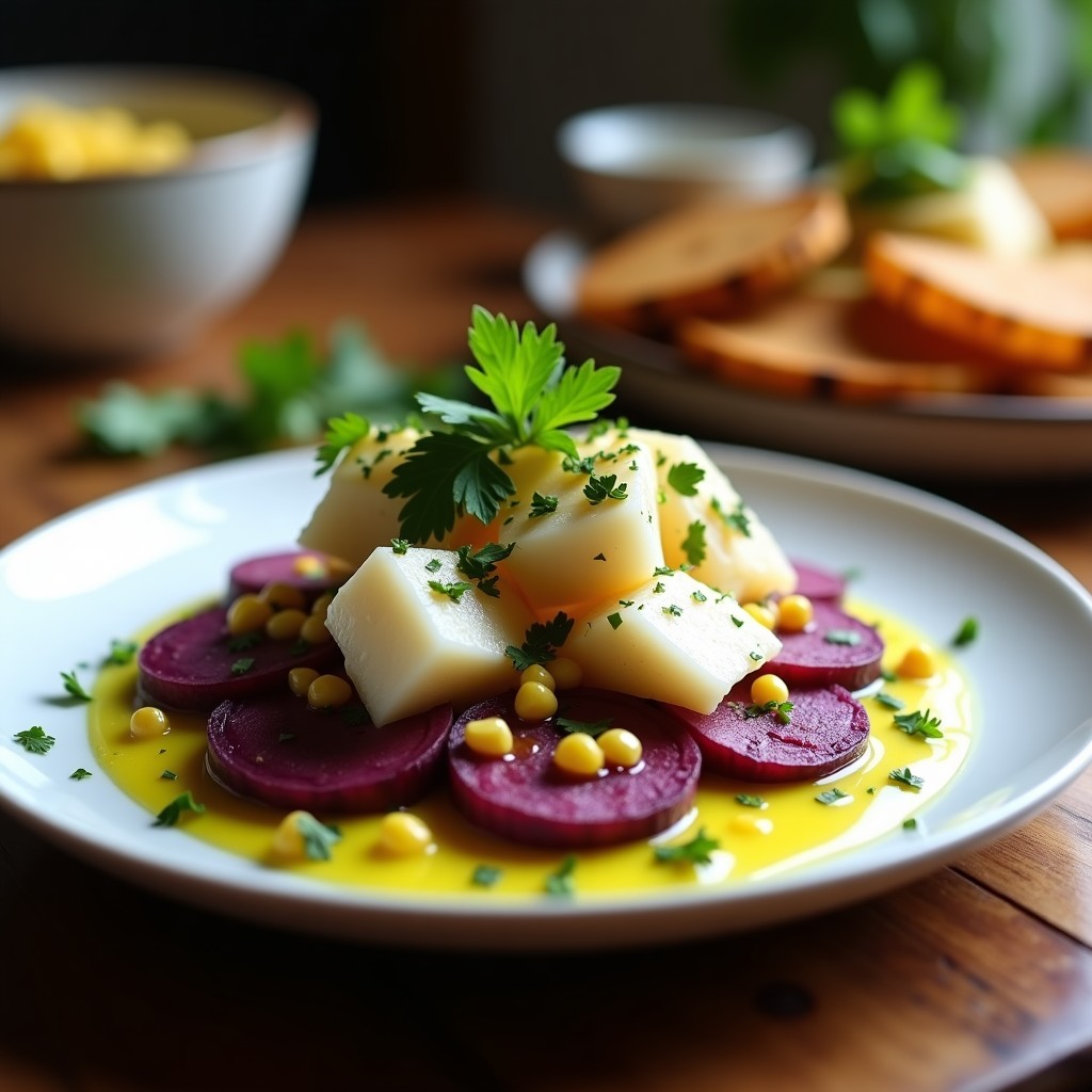 Plato hondo de cerámica negra con ceviche de corvina marinado en leche de tigre amarilla, rodeado de rodajas doradas y crujientes de batata morada cocinadas en Airfryer, decorado con maíz cancha tostado, cilantro fresco y hojas de lechuga morada, receta peruana innovadora y saludable.