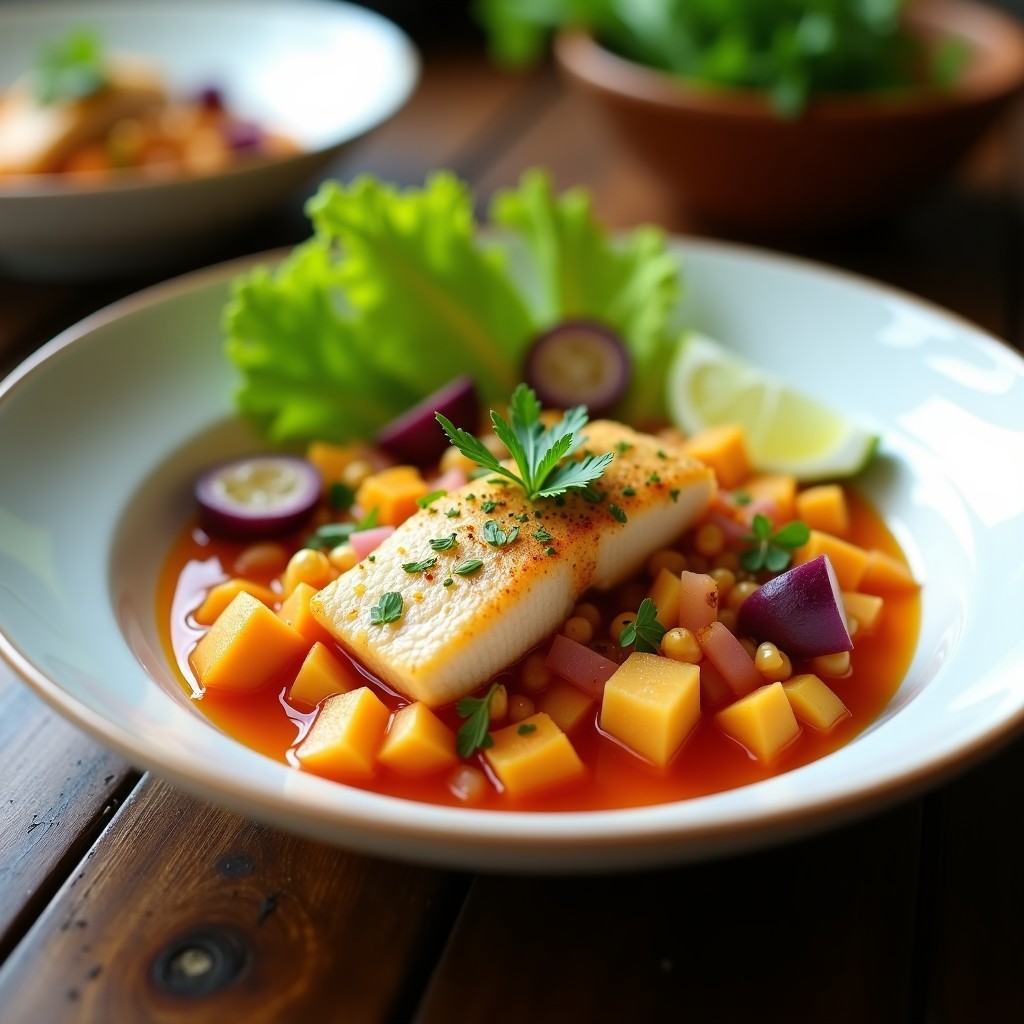 Plato de ceviche de corvina con leche de tigre de camu camu, servido en bowl de cerámica blanca con rodajas de batata morada, cancha serrana y hojas de cilantro fresco. Fondo borroso con limones y ajíes amarillos.