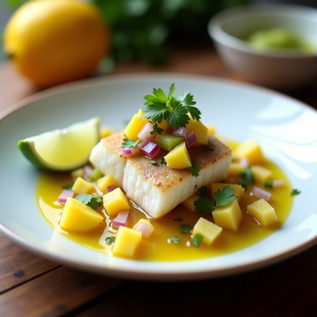 Ceviche de corvina fresco en plato hondo blanco, bañado en leche de tigre amarilla de piña y jengibre, decorado con cubos de piña, almendras tostadas y cilantro fresco. Receta keto peruana sin cocción.